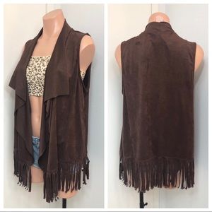 Dark Brown Suede Open Front Fringe Cardigan